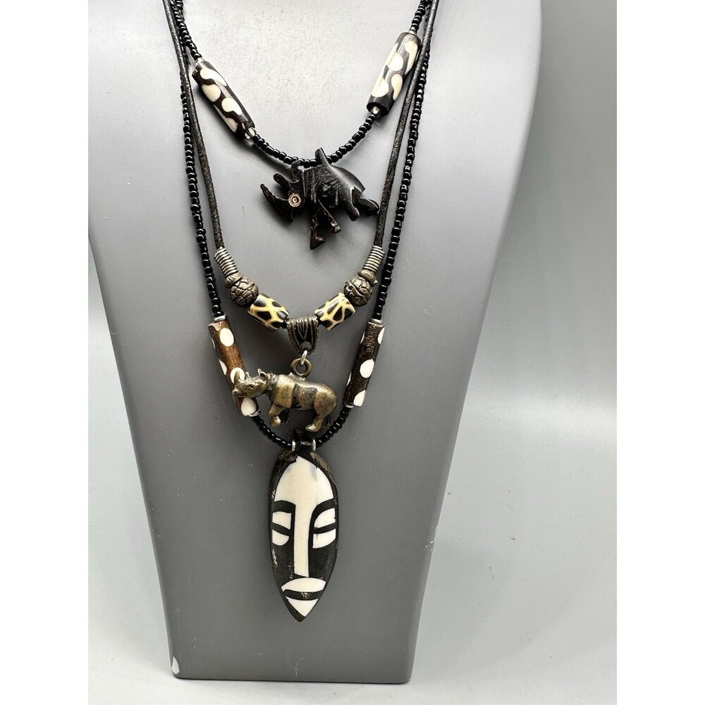 Vintage African Tribal Necklace Lot Brass Carved Black Beaded 16 18” Long